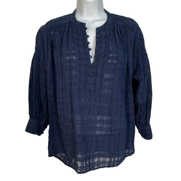 J. McLaughlin Ushi Linen-Blend Blouse Button Front 3/4 Sleeve Semi Sheer Navy S - Picture 3 of 11